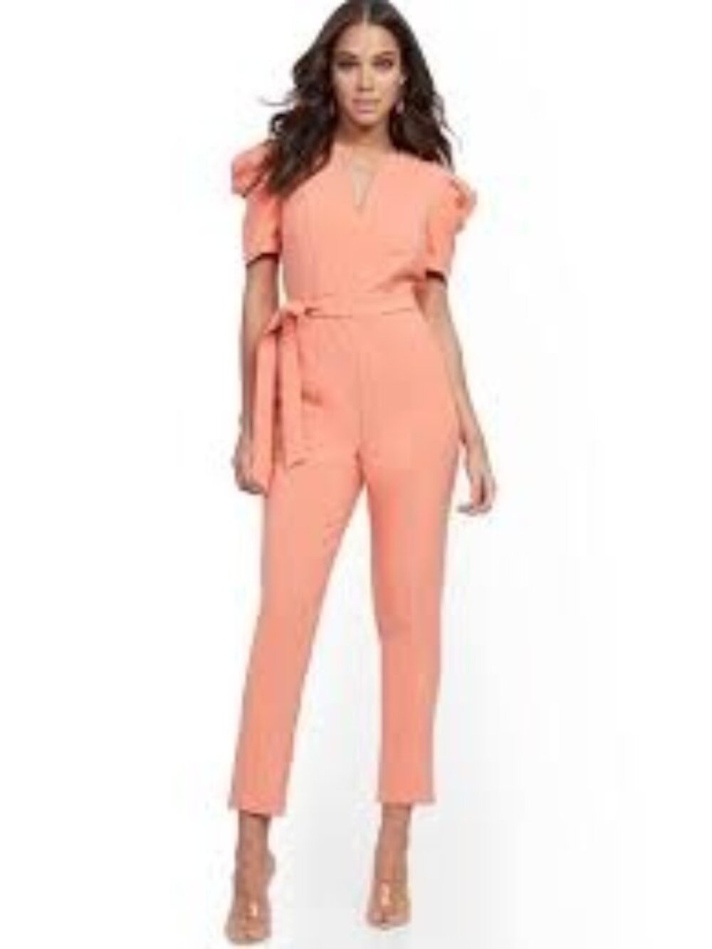 NEW YORK AND COMPANY Jumpsuit Pleated Puff-sleeve Island Coral Women's size 16
